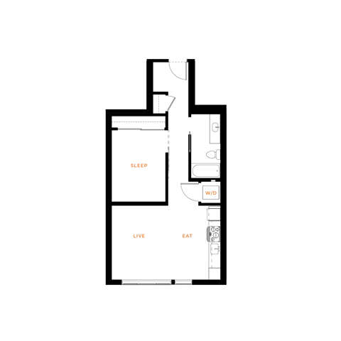 Floor plan for 1 bed, 1 bath, 621 sqft